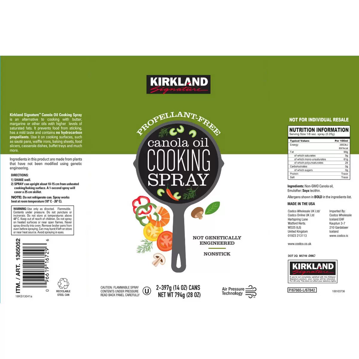 Kirkland Signature Canola Oil Cooking Spray 2x397g